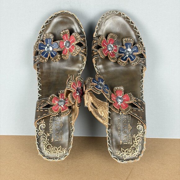 Spring Step L'Artiste Deandrea Leather Floral Wedge Sandals Womens 9 EU 40 Brown - Picture 10 of 11